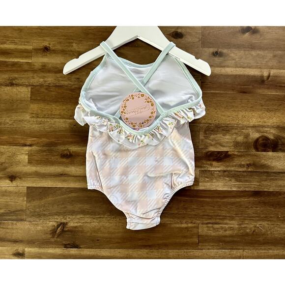 NWT SweetHoney Mary One Piece Swimsuit Ocean Isle Pink Check Green Floral 2T - Picture 4 of 7